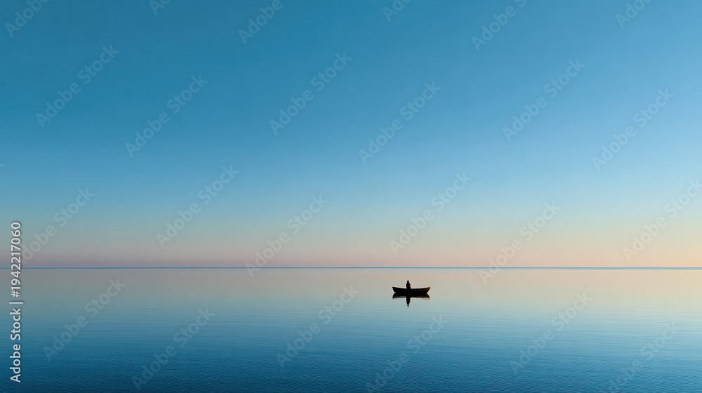 Naklejka premium Serene Rowing on the Horizon: A solitary silhouette navigates calm waters in a small rowboat, the vast expanse of the sky mirrored on the tranquil surface.