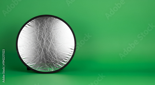Collapsible Silver Photography Reflector Disc Placed Left of Center on a Vibrant Green Seamless Studio Background with Subtle Shadows Indicating