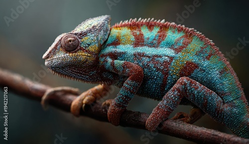 Colorful veiled chameleon with textured, patterned skin perched on a branch in natural habitat