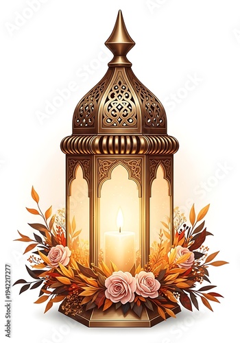 Elegant Golden Islamic Lantern with Candle and Autumn Flowers.