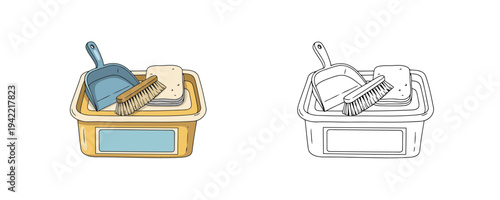 Cartoon spill kit illustration in flat colored and linear styles with dustpan brush and absorbent pads used for industrial safety equipment isolated on white background