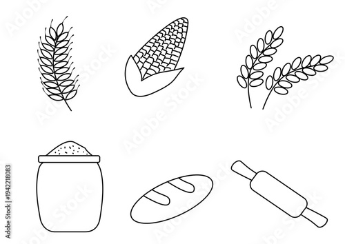 Flour and wheat baking outline icon set with bread, rolling pin and grain line art vector,world flour day concept
