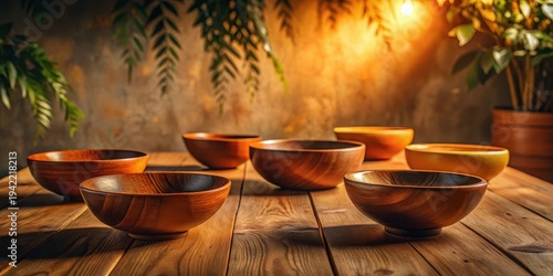 Wallpaper Mural Wooden bowls arranged on a rustic wooden table with warm lighting and plant shadows Torontodigital.ca