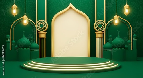 Elegant Islamic Green Gold Podium Background for Ramadan Eid Celebration.