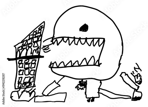 Kids drawing monster, funny hand drawn monochrome doodle illustration