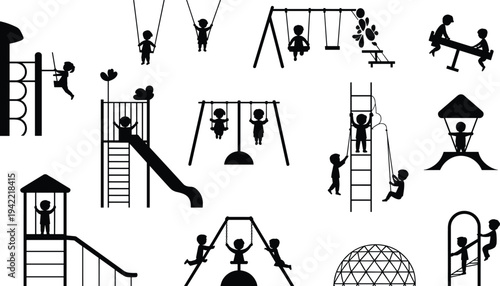 Children playground silhouettes set with kids playing on swings, slide, climbing ladder and park equipment isolated vector icons collection