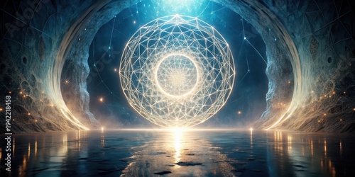 Wallpaper Mural Luminescent Sphere in a Mystical, Crystalline Cave with Glowing Network Connections and Reflective Waters Torontodigital.ca