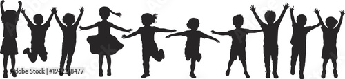 Children jumping silhouettes collection with happy kids playing and celebrating isolated vector illustration set for childhood, education, fun and activity design