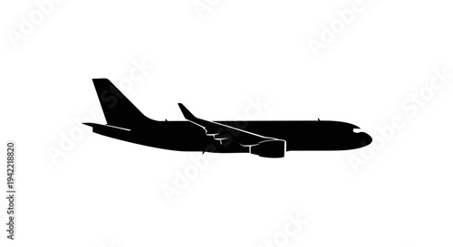 Silhouette of a modern passenger jet airplane flying, isolated on white background