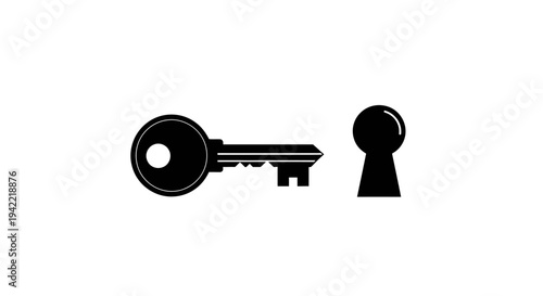 Black silhouette of a key and a keyhole on white background