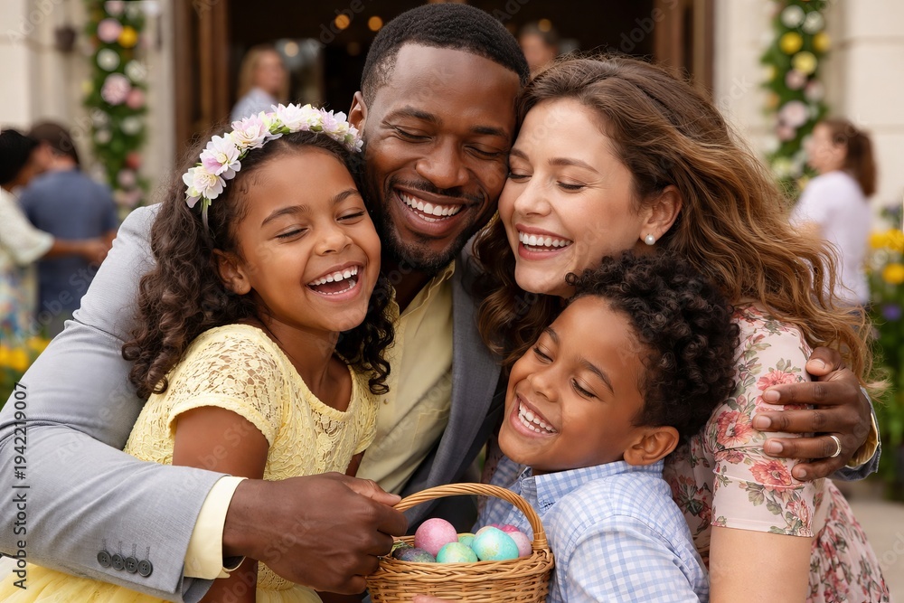 Obraz premium Happy family with african american father and caucasian mother embracing children with easter egg basket outdoors. concept of family bonding, easter celebration, joyful moments