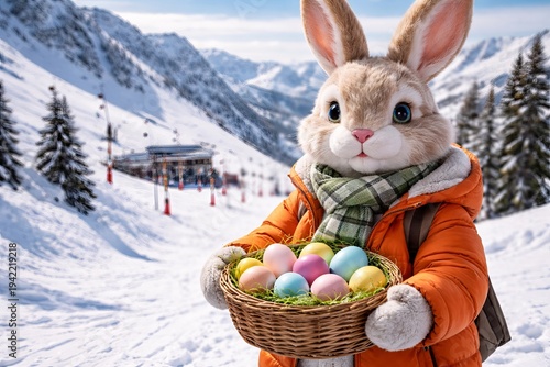 Easter bunny in winter landscape holding basket of colorful eggs in snowy mountains. concept of festive celebration, holiday charm, whimsical winter scene.