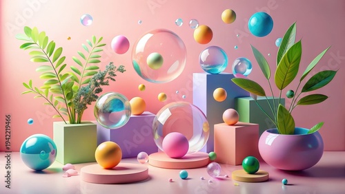 Wallpaper Mural Pastel Spheres, Floating Bubbles, and Lush Green Plants in a Modern Abstract Still Life Composition Torontodigital.ca