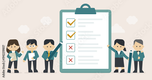 Business team reviewing checklist with success and failure results on clipboard | Gentle Business Illustration Series