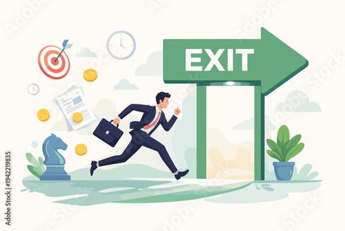 Businessman in Suit Running Towards a Large Green Exit Sign Arrow, Concept of Business Exit Strategy, Career Change, Escape Plan, Investment ROI, Succession Planning, and Leaving a Company.