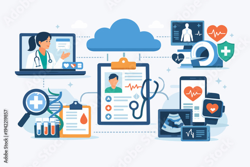 Digital Healthcare and Telemedicine Concept with Cloud Computing, Electronic Medical Records, Online Doctor Consultation, Mobile Health Apps, Diagnostic Equipment, DNA Analysis and Lab Testing