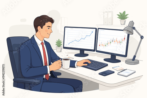Vector illustration of a professional businessman or stock market trader working at his office desk with dual monitors showing financial growth charts and data analysis while holding a coffee cup.