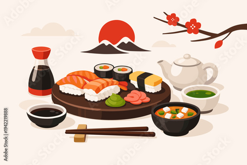 Flat vector illustration of a traditional Japanese sushi meal set with nigiri, maki rolls, miso soup, green tea, soy sauce, and chopsticks against a background of Mount Fuji and cherry blossoms.