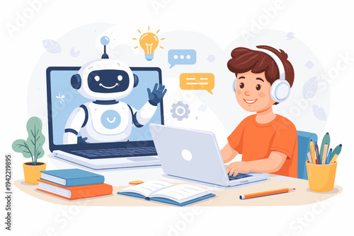 Young boy with headphones using a laptop for online learning and interacting with a friendly AI robot tutor on the screen, featuring educational elements like books, pencils, and a lightbulb icon.
