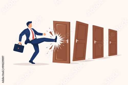 Businessman in Suit Kicking Down and Destroying a Series of Wooden Doors One by One, Conceptual Vector Illustration of Overcoming Obstacles, Breaking Barriers, and Achieving Success in Career Growth.