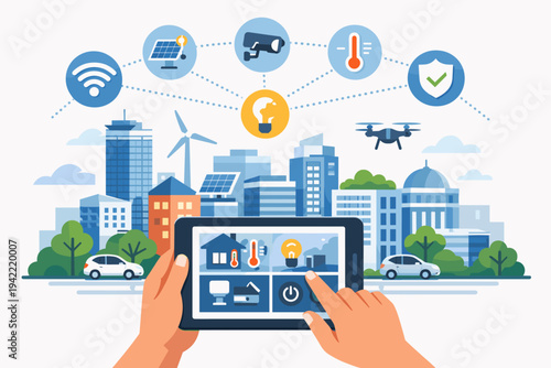 Smart City Technology and Intelligent Building Management System Concept. Hands Controlling Home Automation, Renewable Energy, Security, and IoT Devices via Tablet in a Modern Urban Landscape.