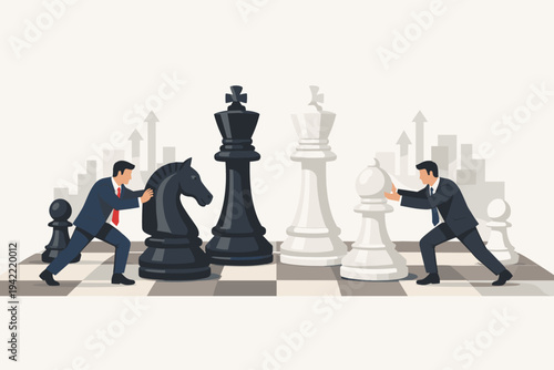 Businessmen moving large chess pieces on a chessboard representing corporate rivalry, strategic planning, and competitive negotiation in a flat vector illustration with a city skyline backdrop.