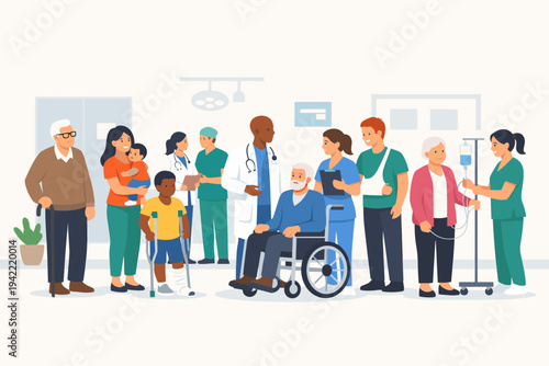 Multicultural Patients and Medical Staff in Hospital Hallway Vector. Diverse Group of People with Doctors and Nurses, Including Elderly in Wheelchair, Child on Crutches, and Patient with IV Drip.