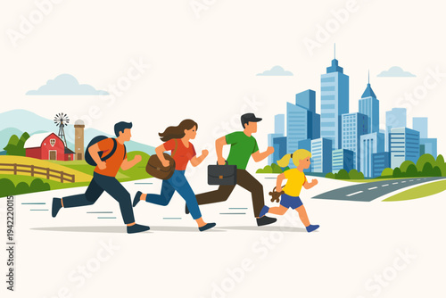 Flat vector illustration of a family and diverse people running from a rural countryside farm with a red barn and windmill towards a modern metropolitan city with tall blue skyscrapers.