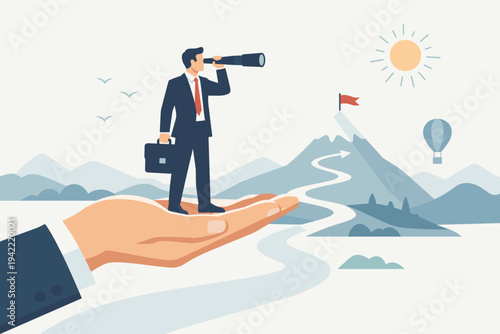 Visionary businessman standing on a giant hand using a telescope to see future opportunities and goals on a mountain peak, symbolizing career support, mentorship, and professional success.
