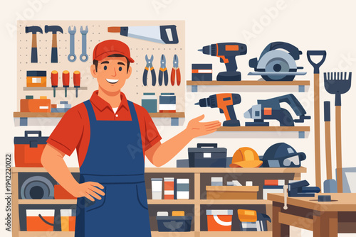 Friendly Salesman in a Hardware Store or Workshop Interior with Various Hand and Power Tools on Shelves and Pegboard, Flat Vector Illustration of a Professional Handyman in a Tool Shop.