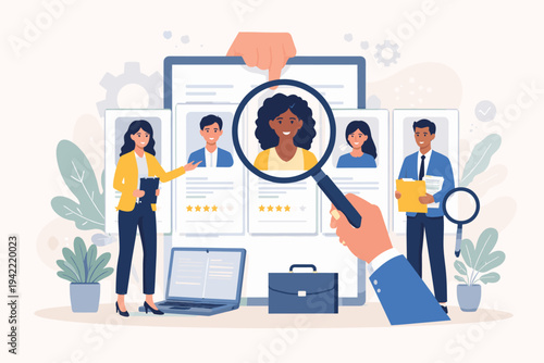 Recruitment Agency and Human Resources Concept with HR Professionals Choosing a Candidate to Hire. Flat Vector Illustration of Job Search, Interviewing Applicants, and Talent Acquisition Process.