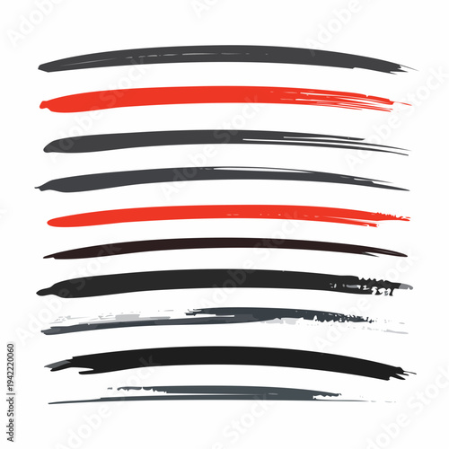 Conjunto de pinceladas horizontales en rojo y negro sobre fondo transparente, trazos artísticos.
