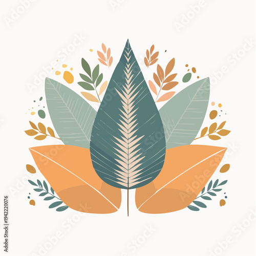 Ilustración botánica minimalista con hojas estilizadas en tonos pastel y diseño orgánico para decoración.
