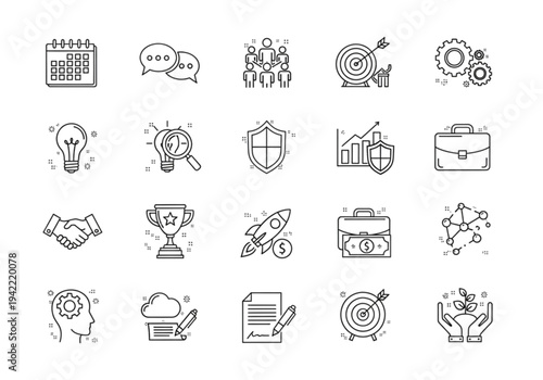 Business and management icon set, thin line style for corporate strategy, marketing, and office productivity concepts
