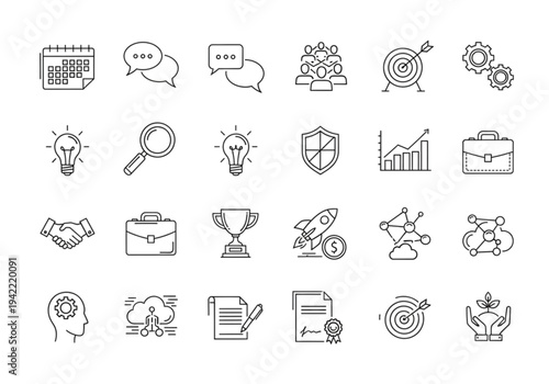 Business and management icon set, thin line style for corporate strategy, marketing, and office productivity concepts