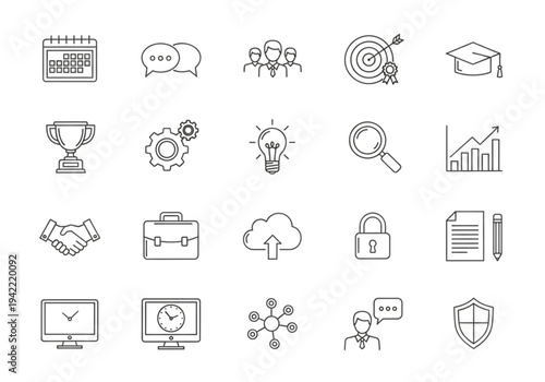 Business and management icon set, thin line style for corporate strategy, marketing, and office productivity concepts