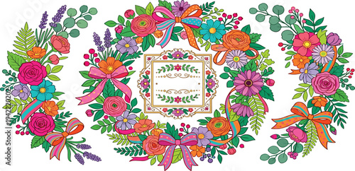 Vibrant floral wreath with colorful flowers and lush greenery surrounding a central square frame