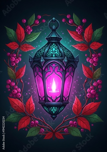 Enchanted Lantern with Berries and Leaves Illustration.