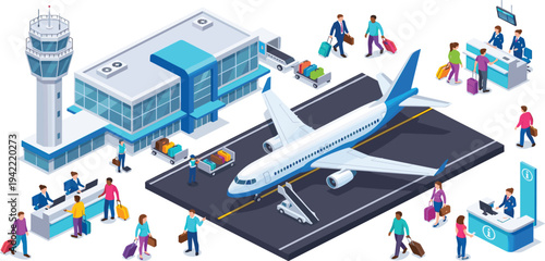 Airplane on airport runway with passengers and staff, illustration of travel and transportation hub