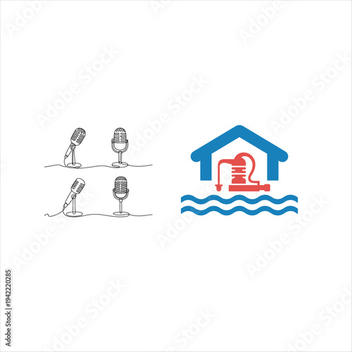 Four microphones and a house with flooding symbol water