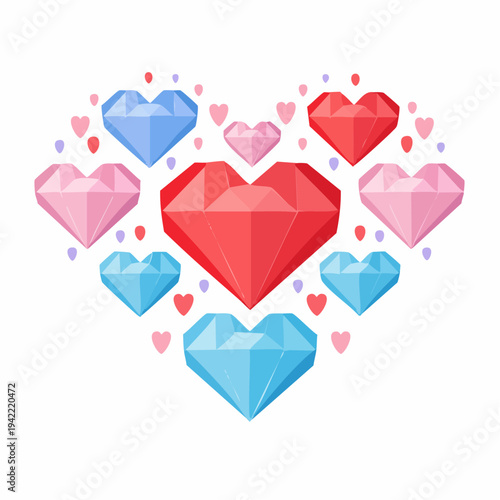 Corazones de diamante facetados en tonos rojo, azul y rosa formando una composición romántica sobre fondo blanco.