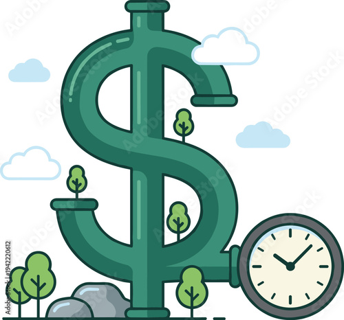 A large green dollar sign pipe with trees growing inside, surrounded by clouds and a clock