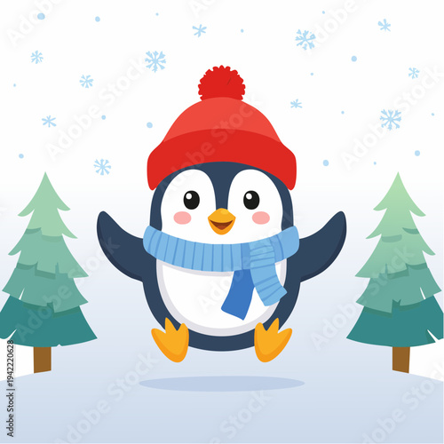 Pingüino de dibujos animados alegre con gorro rojo y bufanda azul saltando en la nieve.
