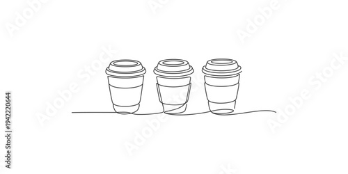 Continuous line drawing of three disposable coffee cups on a surface illustration