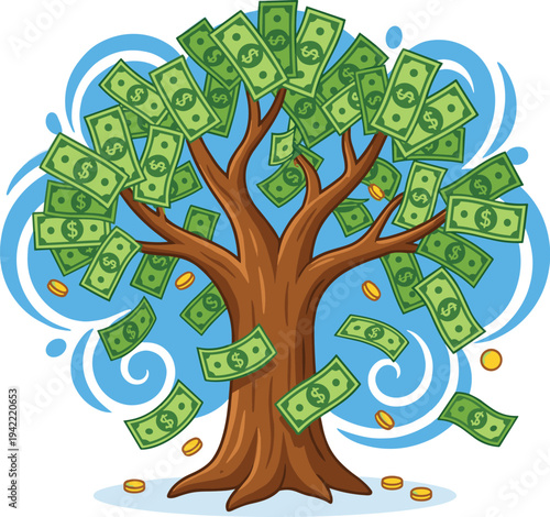 A tree with branches full of money floating on a blue background with coins falling around it