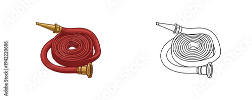 Cartoon fire hose illustration in flat colored and linear styles with red coil and metallic nozzle used for emergency firefighting equipment isolated on white background