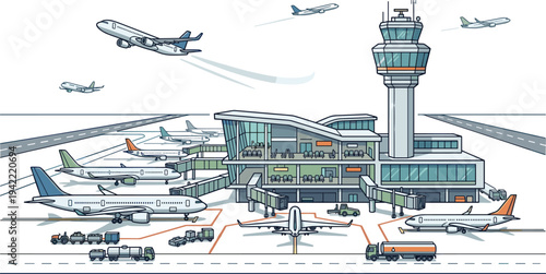 Airplanes taking off and landing at a busy airport terminal with control tower and vehicles on the tarmac