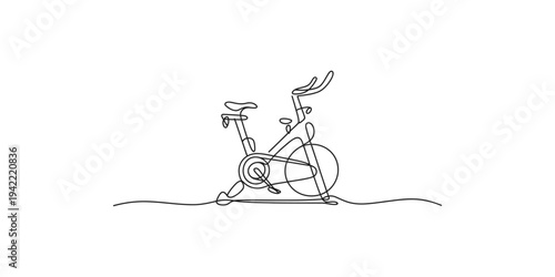 Continuous line drawing of a person riding an exercise bike stationary fitness