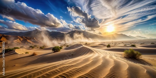 Wallpaper Mural Golden Hour Desert Landscape Windswept Dunes Under a Dramatic Sunset Sky with Mountain Range in the Background Torontodigital.ca
