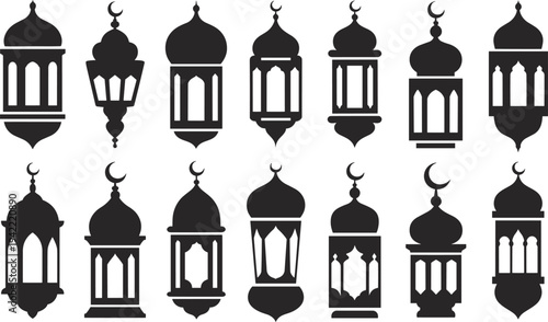 Islamic Ramadan lantern silhouettes collection with traditional Arabic fanous lamps isolated vector set for Eid Mubarak decoration and Muslim festival design